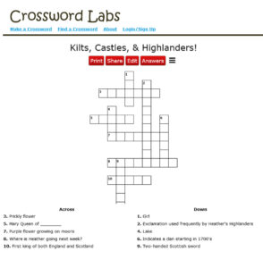 Crossword - Kilts, Castles and Highlanders
