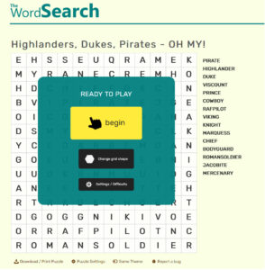 Word Search - Highlanders, Dukes and Pirates, Oh My!